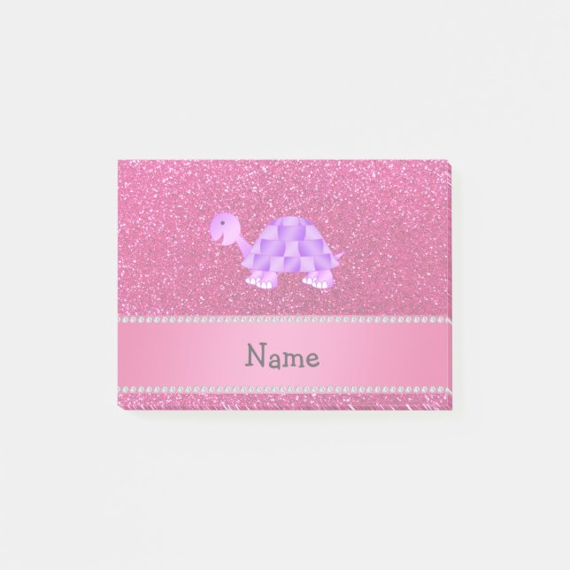 Personalised name purple turtle pink glitter post-it notes (Front)
