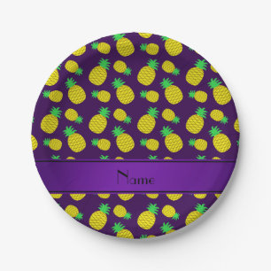 Personalised name purple yellow pineapples paper plate
