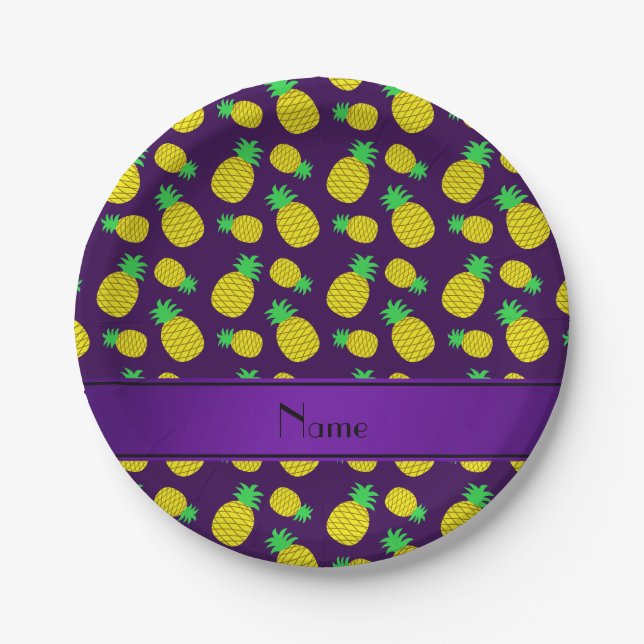 Personalised name purple yellow pineapples paper plate (Front)