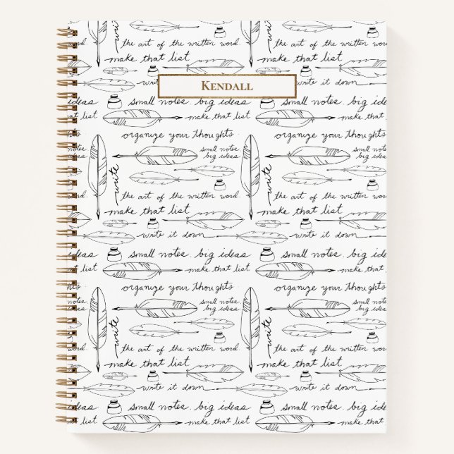Personalised Name Quills & Ink Gold white Writing  Notebook (Front)
