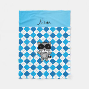 Personalised name racoon blue white argyle fleece blanket