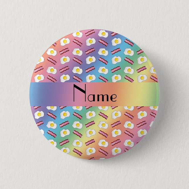 Personalised name rainbow bacon eggs 6 cm round badge (Front)