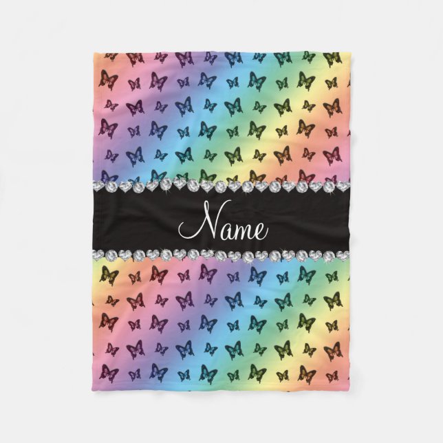 Personalised name rainbow butterfly pattern fleece blanket (Front)