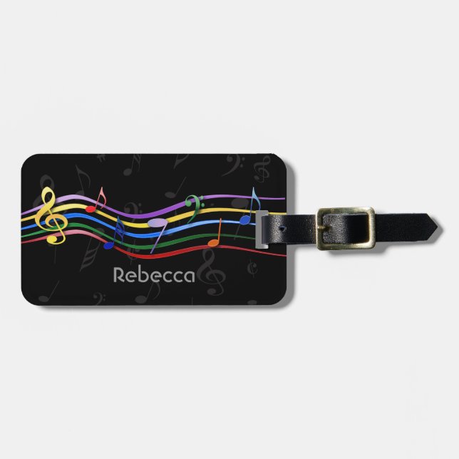 Personalised Name Rainbow Coloured Music Notes Luggage Tag (Front Horizontal)