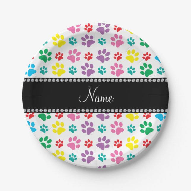 Personalised name rainbow dog paws paper plate (Front)