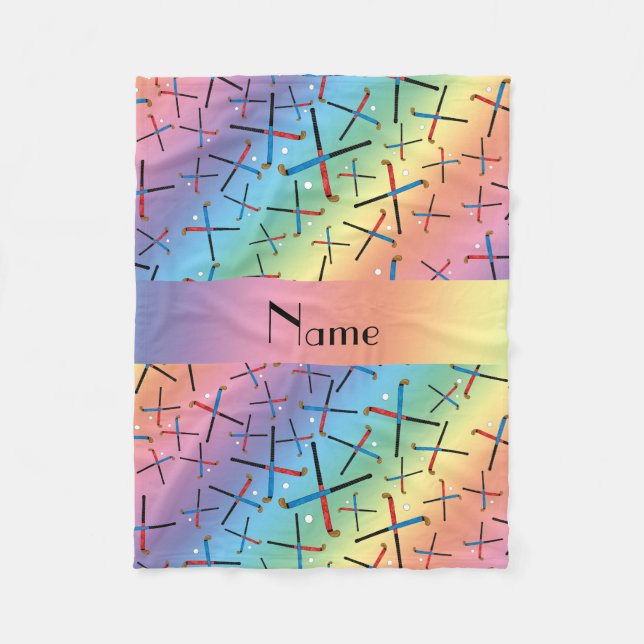 Personalised name rainbow field hockey fleece blanket (Front)
