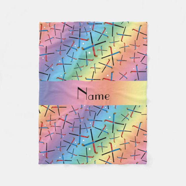 Personalised name rainbow field hockey fleece blanket (Front)
