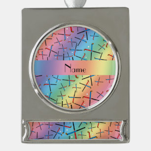 Personalised name rainbow field hockey silver plated banner ornament