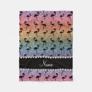 Personalised name rainbow glitter flamingos fleece blanket