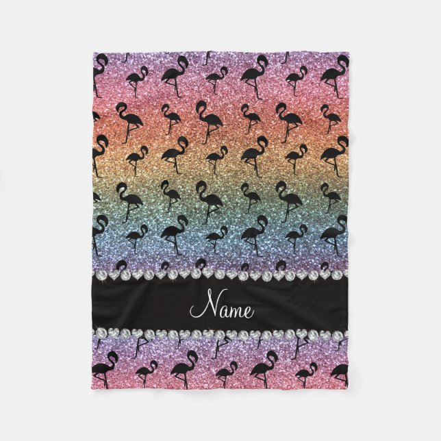 Personalised name rainbow glitter flamingos fleece blanket (Front)