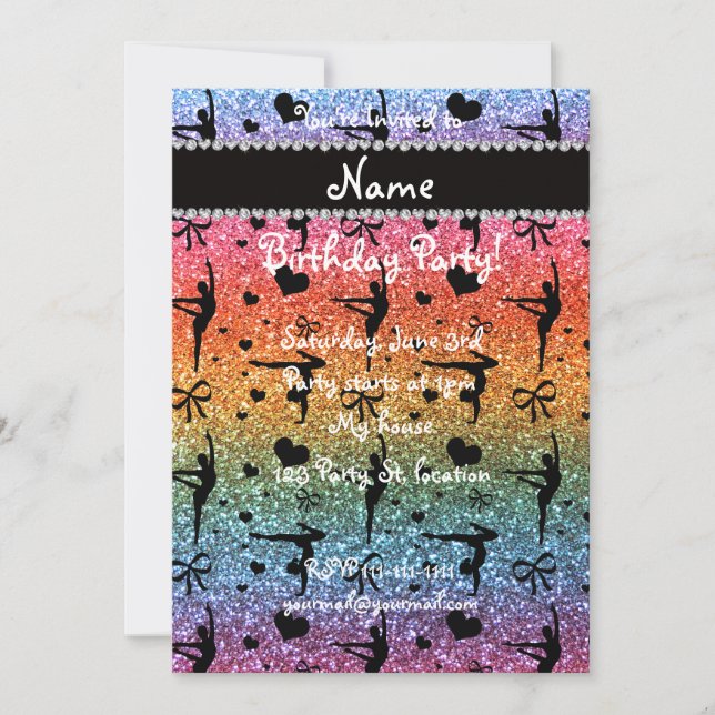 Personalised name rainbow glitter gymnastics invitation (Front)