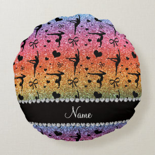 Personalised name rainbow glitter gymnastics round cushion