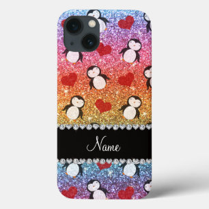Personalised name rainbow glitter penguins hearts iPhone 13 case