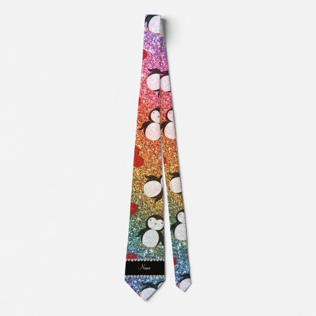 Personalised name rainbow glitter penguins hearts tie (Front)