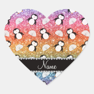 Personalised name rainbow glitter penguins igloos heart sticker