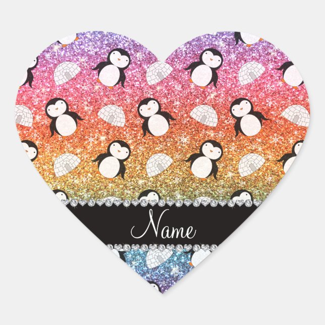 Personalised name rainbow glitter penguins igloos heart sticker (Front)