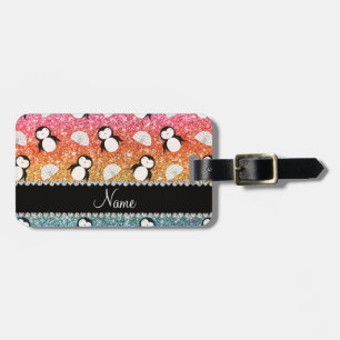 Personalised name rainbow glitter penguins igloos luggage tag