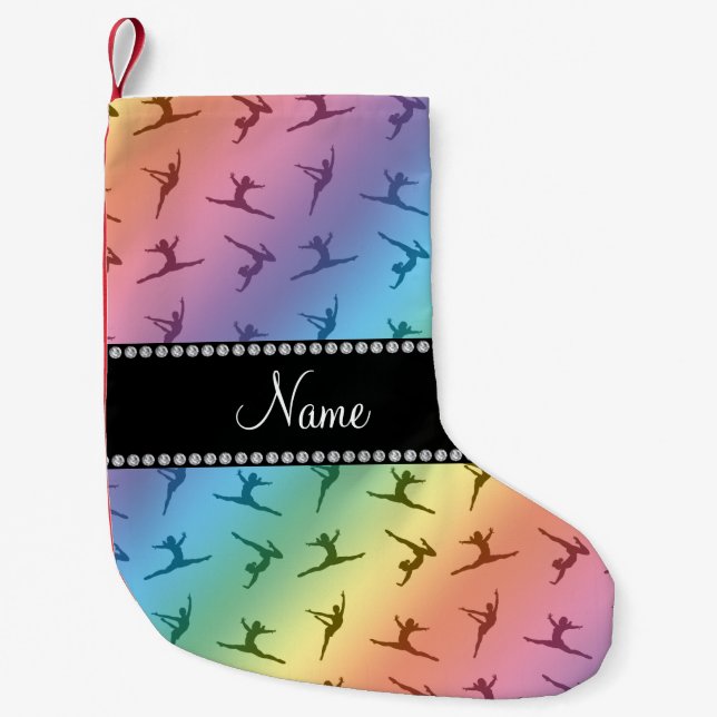 Personalised name rainbow gymnastics pattern small christmas stocking (Front)