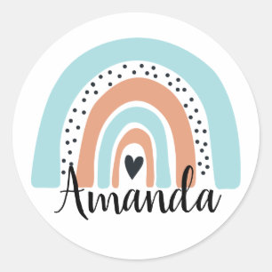Personalised Name Rainbow Heart Blue Peach Classic Round Sticker