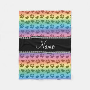 Personalised name rainbow hearts and paw prints fleece blanket