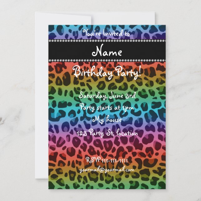 Personalised name rainbow leopard pattern invitation (Front)