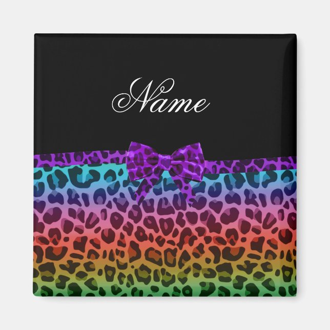 Personalised name rainbow leopard print purple bow magnet (Front)