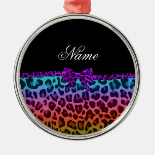 Personalised name rainbow leopard print purple bow metal tree decoration