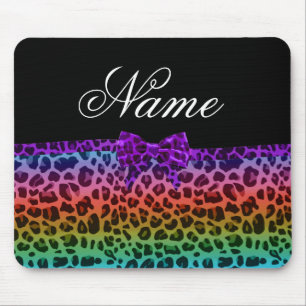 Personalised name rainbow leopard print purple bow mouse mat