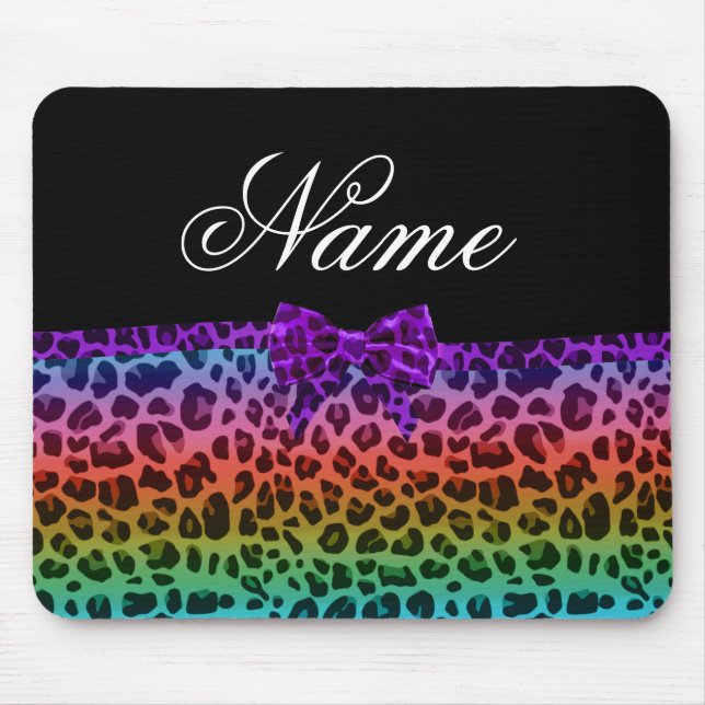 Personalised name rainbow leopard print purple bow mouse mat (Front)