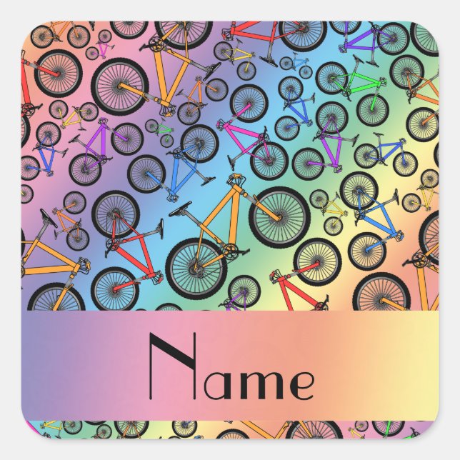 Personalised name rainbow mountain bikes square sticker (Front)