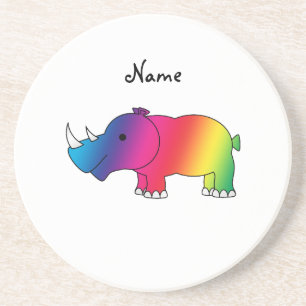 Personalised name rainbow rhino coaster