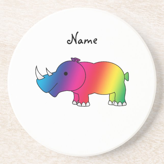 Personalised name rainbow rhino coaster (Front)