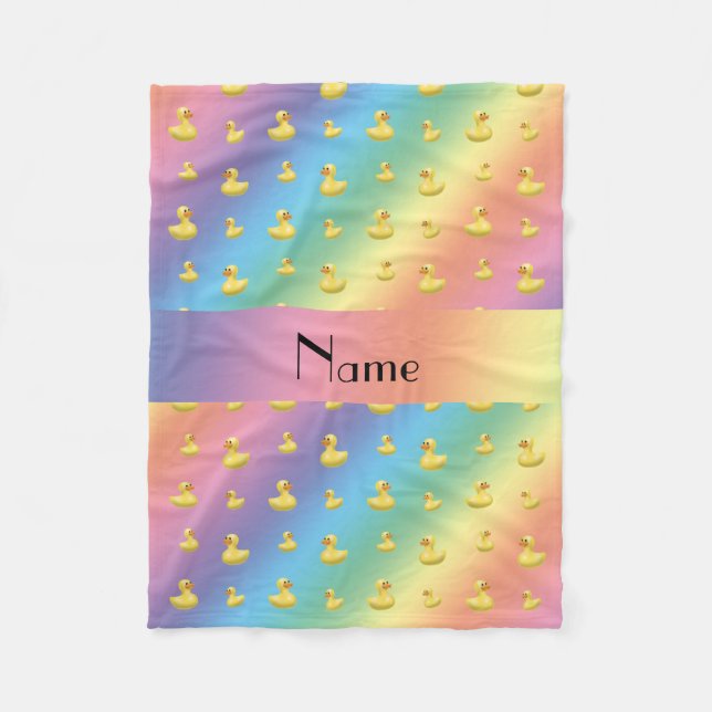 Personalised name rainbow rubber duck pattern fleece blanket (Front)