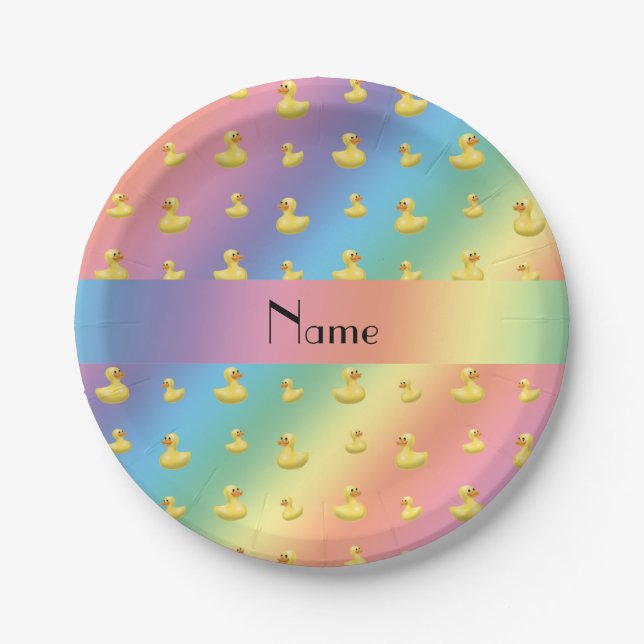 Personalised name rainbow rubber duck pattern paper plate (Front)