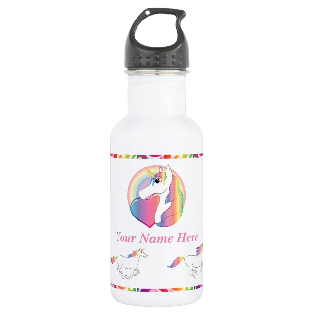 Personalised Name - Rainbow Unicorn 532 Ml Water Bottle (Front)