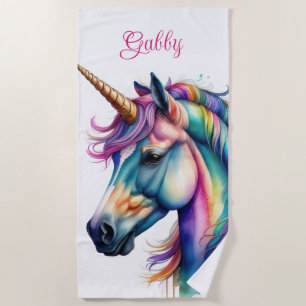 Personalised Name Rainbow Unicorn Beach Towel