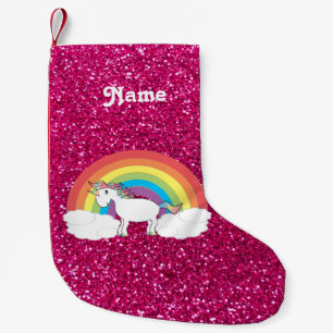Personalised name rainbow unicorn hot pink glitter small christmas stocking