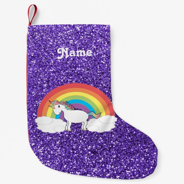 Personalised name rainbow unicorn purple glitter small christmas stocking (Front)