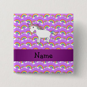 Personalised name rainbow unicorn purple rainbows 15 cm square badge