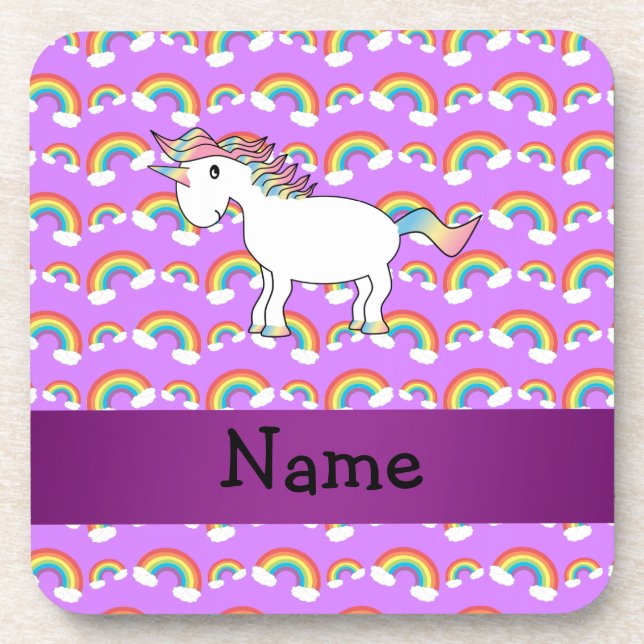 Personalised name rainbow unicorn purple rainbows coaster (Front)