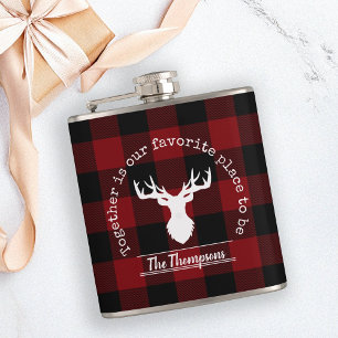 Personalised Name Red and Black Buffalo Plaid Hip Flask