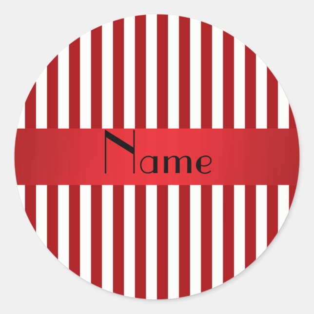 Personalised name red and white stripes classic round sticker (Front)