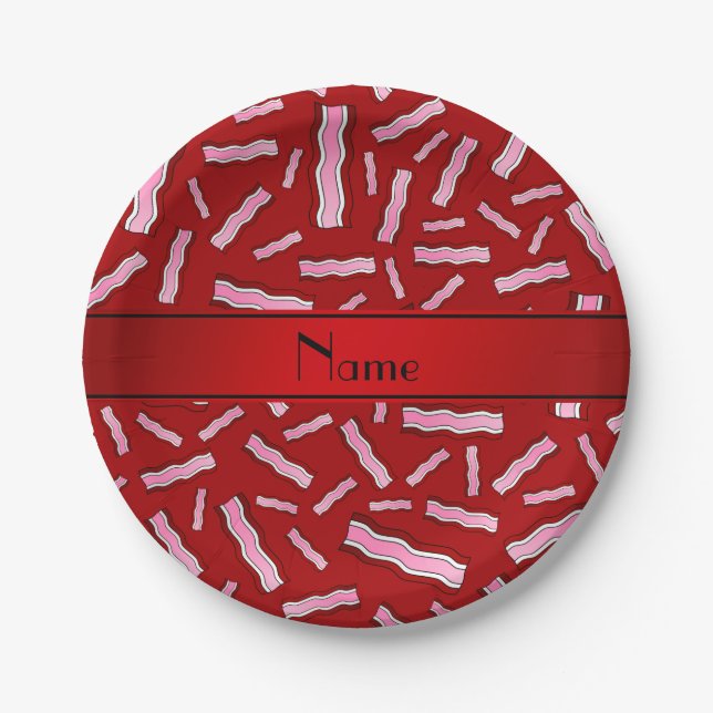 Personalised name red bacon pattern paper plate (Front)