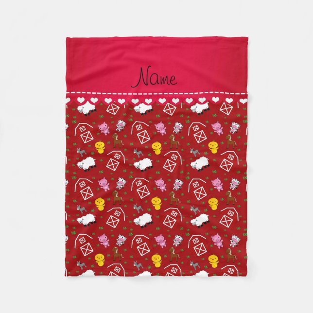 Personalised name red barn animals fleece blanket (Front)