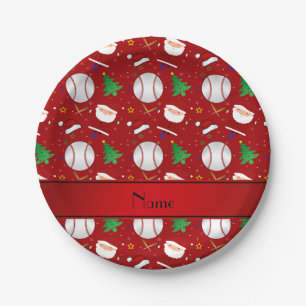 Personalised name red baseball christmas paper plate