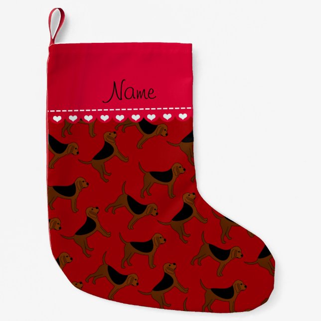 Personalised name red bloodhound dogs small christmas stocking (Front)