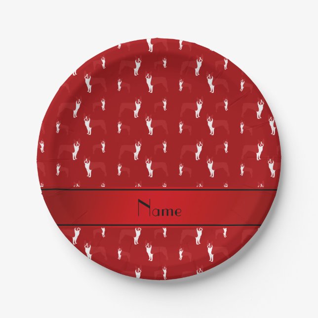Personalised name red boston terrier paper plate (Front)