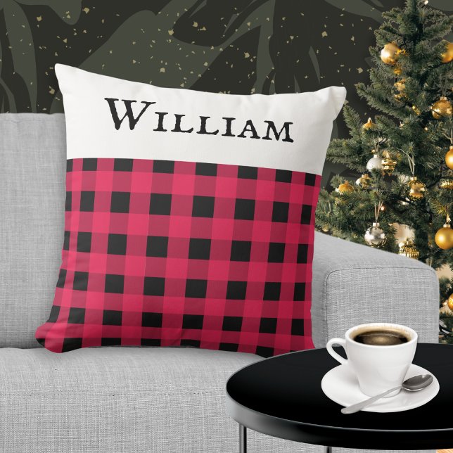 Personalised Name Red Buffalo Plaid Check Pattern Cushion (A personalized cushion, with red and black buffalo plaid design. Ideal gift for the festive season)