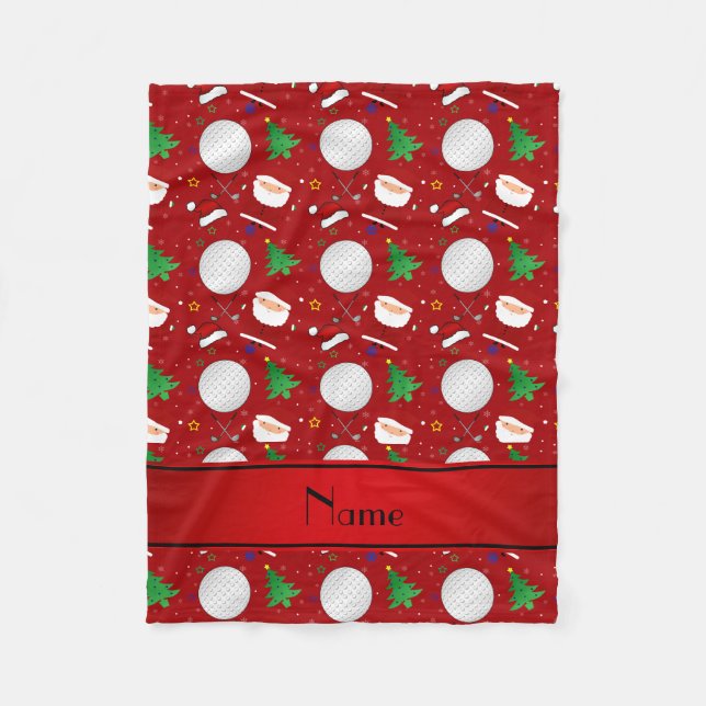 Personalised name red christmas golfing fleece blanket (Front)
