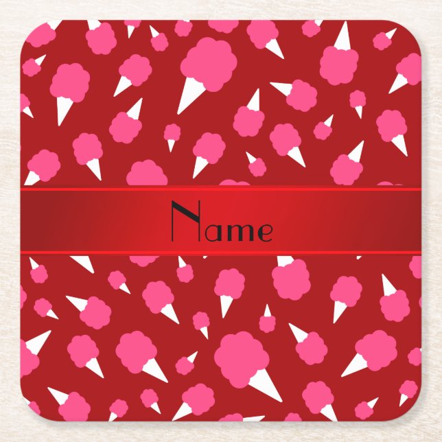 Personalised name red cotton candy square paper coaster (Front)